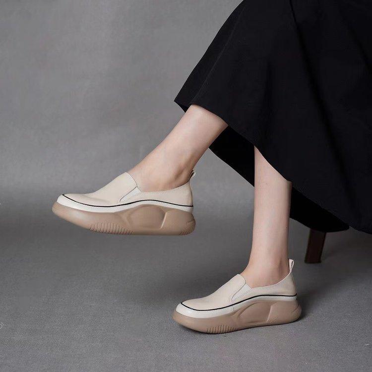 Foreign Trade Single Shoes Women's 2024 Autumn New Muffin Bottom Round Head Single Shoes Rubber Casual Breathable Thick-soled Loafers Women