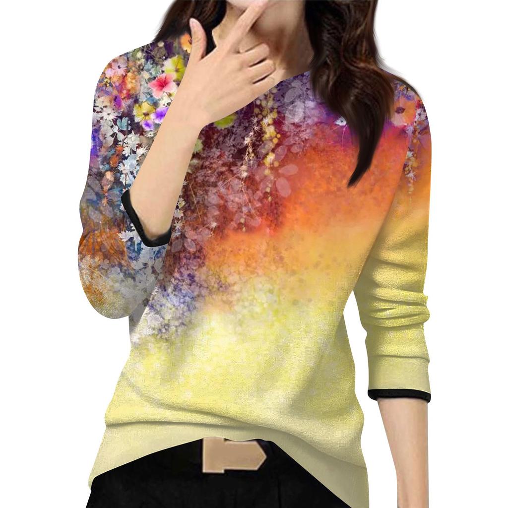 Женский повседневный модный топ с принтом, круглым вырезом и длинными рукавами, пуловер