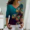 Peacock Feathers Print Women Tshirts Ladies Tops Long Sleeve V-neck Pullover Femme T-shirts T Shirt For Women