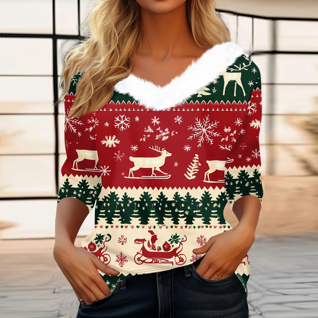 Женская футболка с рождественским принтом, флисовый воротник с рукавом три четверти и V-образным вырезом на рождественской вечеринке