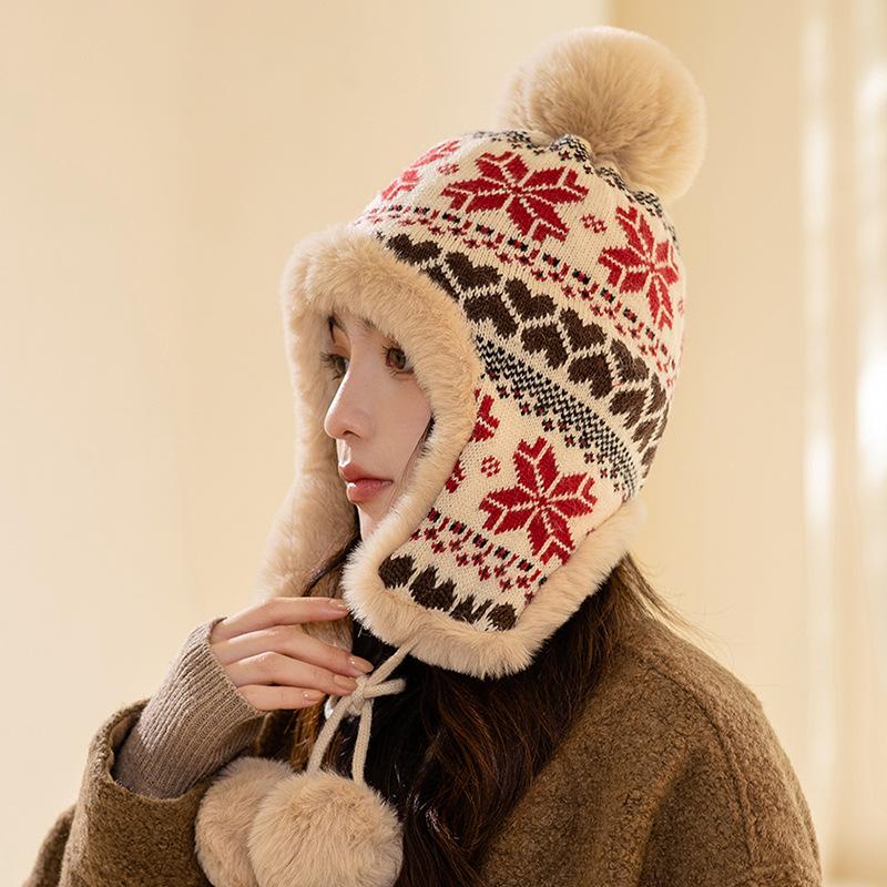 Женская зимняя вязаная шапка-бини с ушами, длинная защита ушей, эластичная и плотная