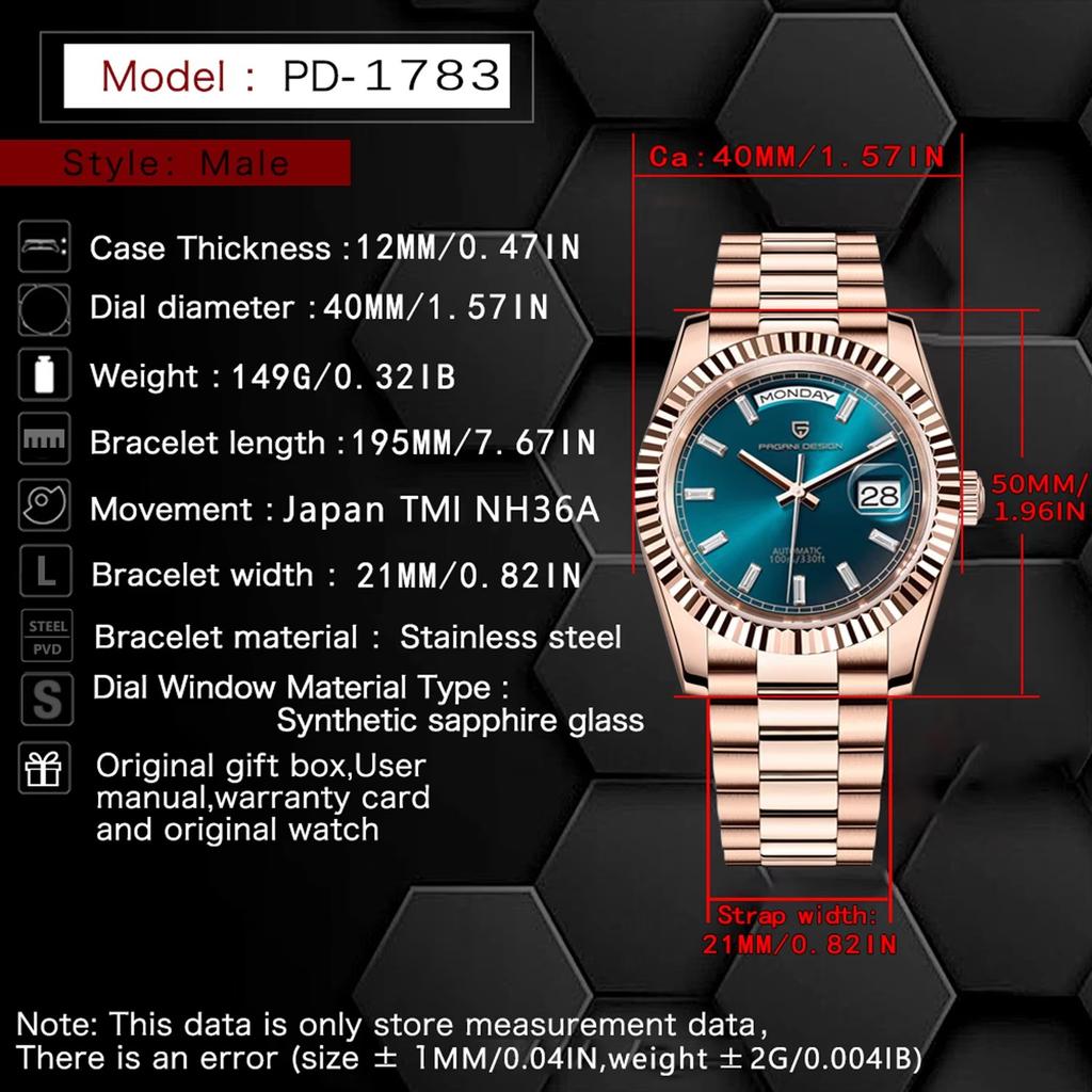 New PAGANI DESIGN DD40 Rose Gold Men's Watches Luxury NH36 Automatic Watch For Man Mechanical Wristwatch AR Sapphire Mirror