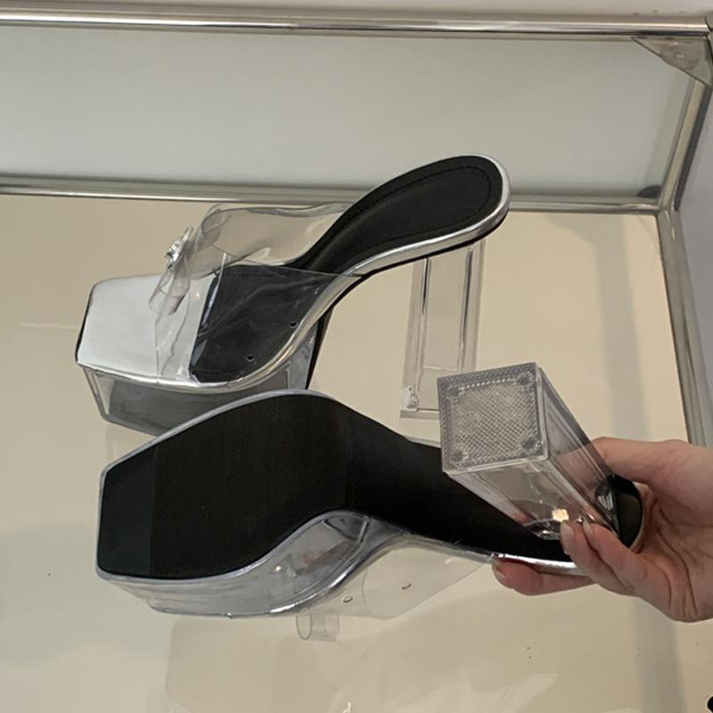 Liyke Прозрачные туфли на высоком толстом каблуке Современные тапочки Женская мода Металлическая пряжка Квадратный носок Платформа Сандалии Прозрачная обувь Женщины