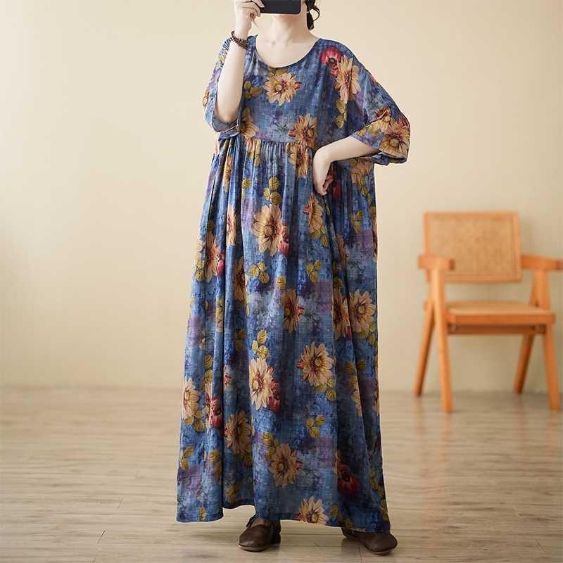 Женское платье свободного кроя из смесового льна - Свободный фасон с короткими рукавами