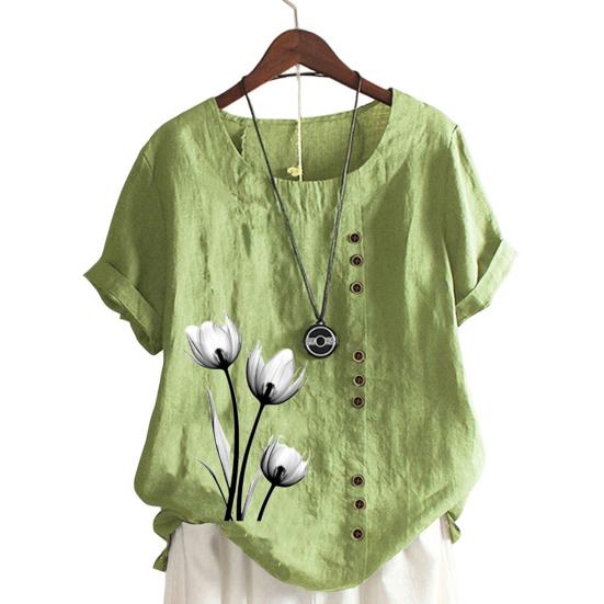 Женская летняя футболка с короткими рукавами и круглым вырезом, пуловер с пуговицами, декор с цветочным принтом, винтажный стиль, женский топ