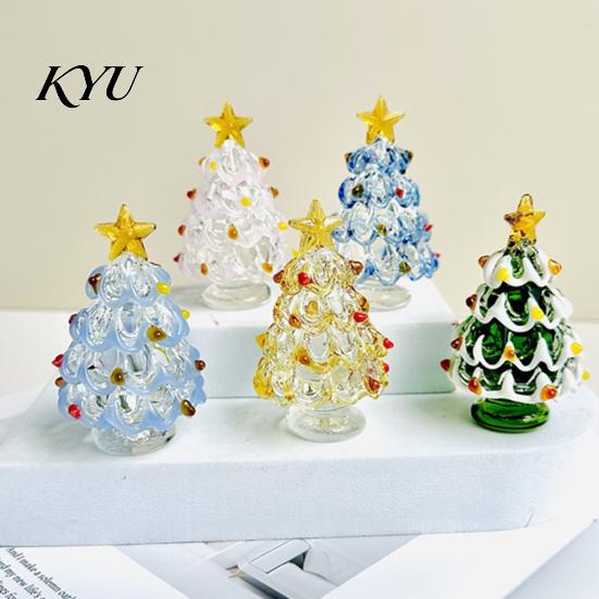 Christmas Gift for Friends Glazed Glass Tree Figurine, Handcrafted Ornament Small Seasonal Home Accents Holiday Display, Colorful Modern Table