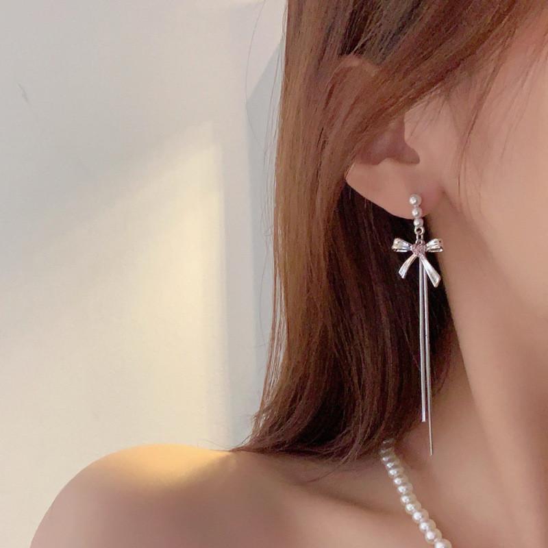 Элегантные серьги с кисточками и бантом для женщин, серьги с розовыми кристаллами, гипоаллергенные аксессуары, ювелирные изделия