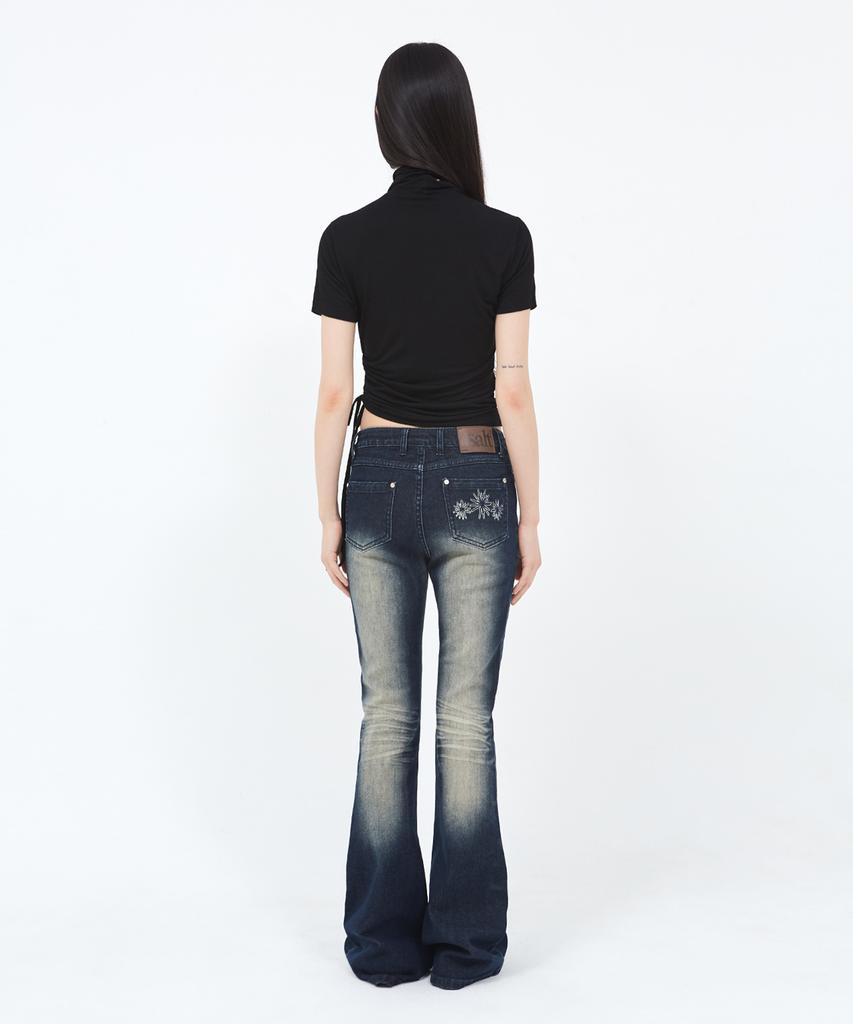 SECONDSALT Shirred Choker Half-Neck T-Shirt (Black)