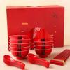 Red Double Happiness Ceramic Tableware Set: Wedding Bowl, Spoon, and Chopsticks Gift