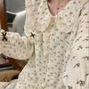 Японские цветочные пижамы для девочек с полным принтом, весна-осень, кукольный воротник, двойной длинный комплект из двух предметов, простой стиль с бантом, одежда для отдыха