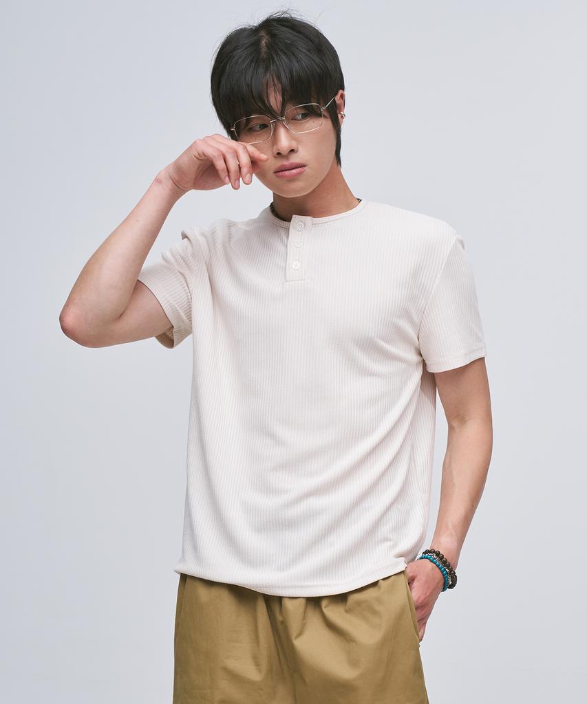 PLACESTUDIOMAN Basic Cotton Waffle Snap Point Henley Neck Semi-Oversized Short Sleeve T-Shirt _3 Colors