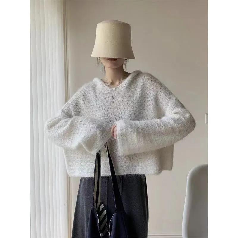 Шикарный Французский Мягкий Свободный Свитшот с Капюшоном Женский Осень Зима Пуловер Вязаный Свитер Топ
