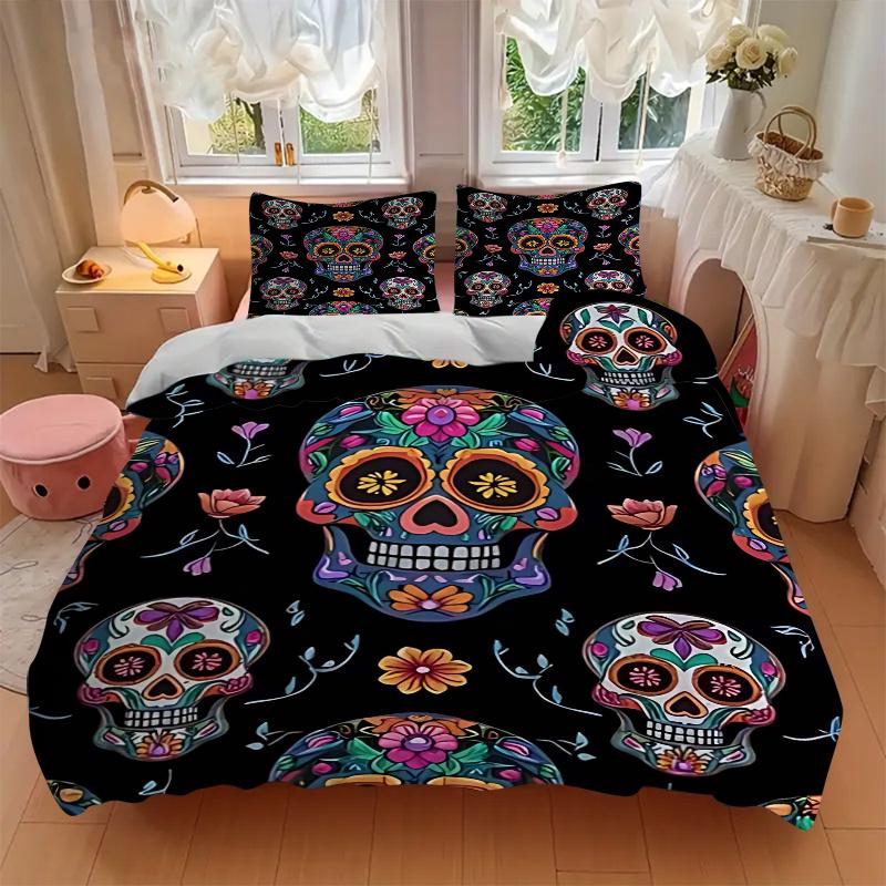 3pcs Day of the Dead Sugar Skulls Comforter Set with One Quilt Cover and Two Pillowcases (No Filling), Festive Gift for Bedroom Decor - Polyester Fabr