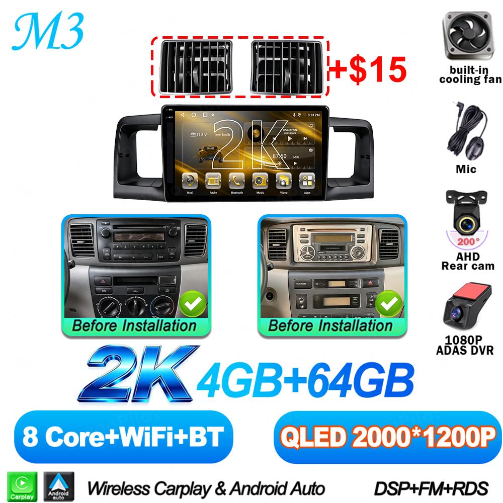 Android 16 For Toyota Corolla E130 E120 2000-2006 Car Radio Stereo Head Unit Multimedia Video Player GPS Navigation 2K QLED RDS