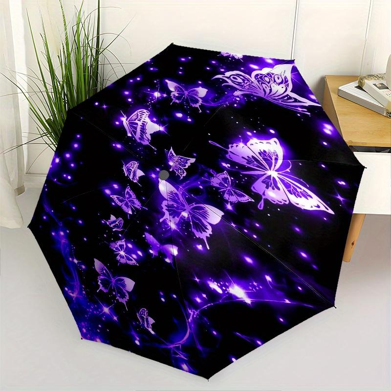 Butterfly, Sparkle Automatic Folding Umbrella 8 Ribs, Durable Iron Frame, Bright Color Pattern Compact Travel Umbrella, Suitable for Outdoo