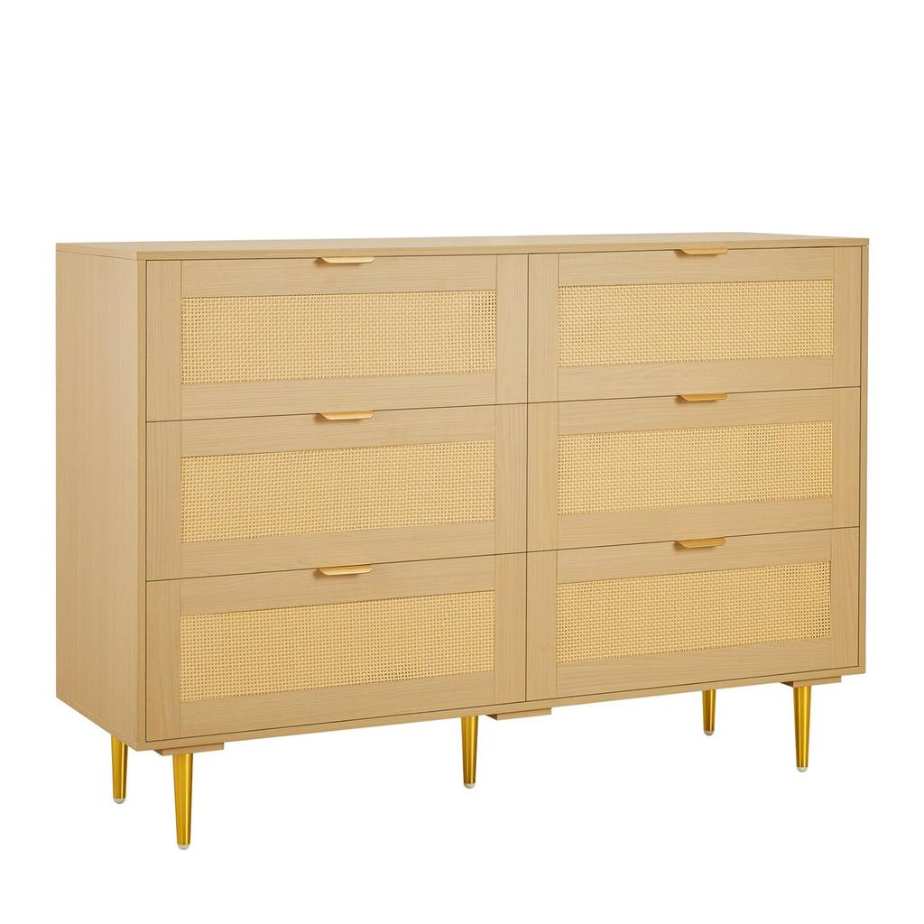 6 Drawer Rattan Dresser, Double Dresser for Bedroom, Natural Rattan Chest of Drawers with Metal Handles & Legs, Modern Wood Chest Clothing Organizer &