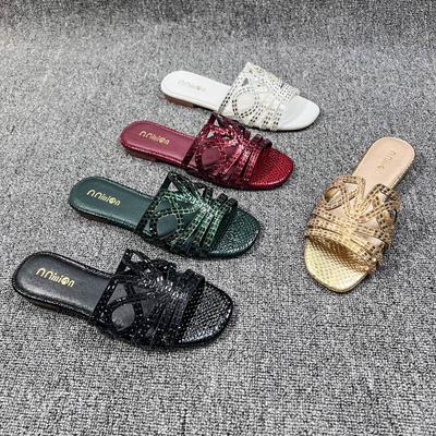 Летние тапочки со стразами, модные женские тапочки на плоской подошве с открытым носком, пляжные повседневные шлепанцы, сандалии Pantuflas De Mujer 2024