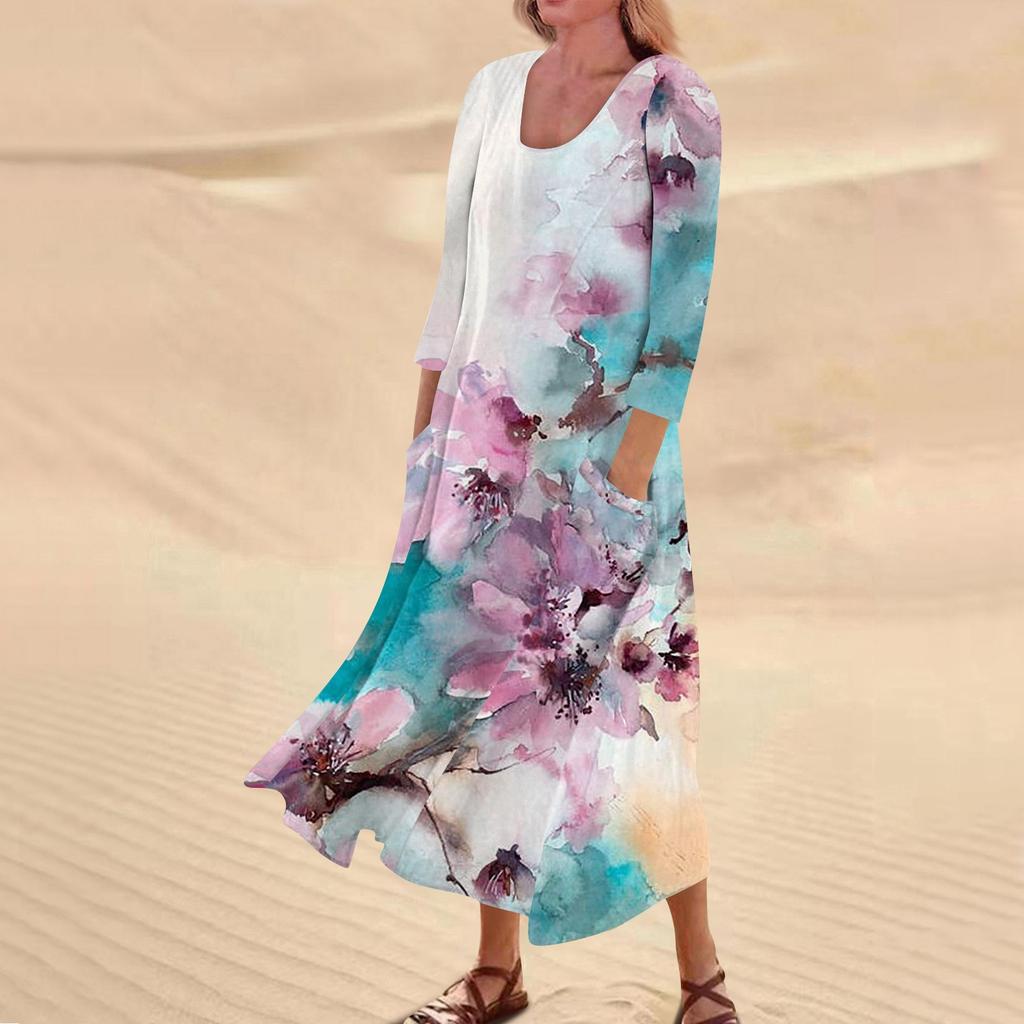 Женское повседневное модное удобное платье с карманами и рукавами 3/4 с принтом