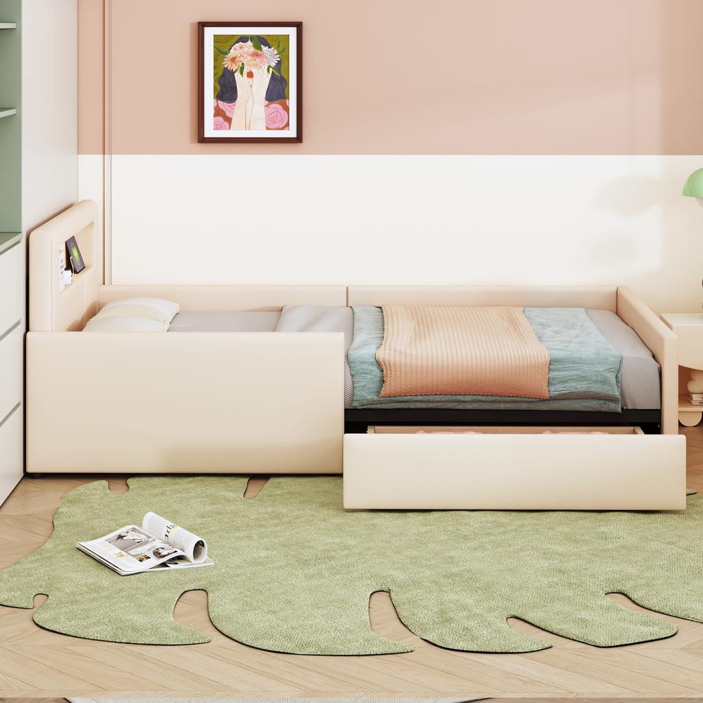 Upholstered Children's Bed 90*200 cm, With Night Light and USB Charging Port, Storage Compartments, Raised Side Panels, Faux Leather Fabric, Beige
