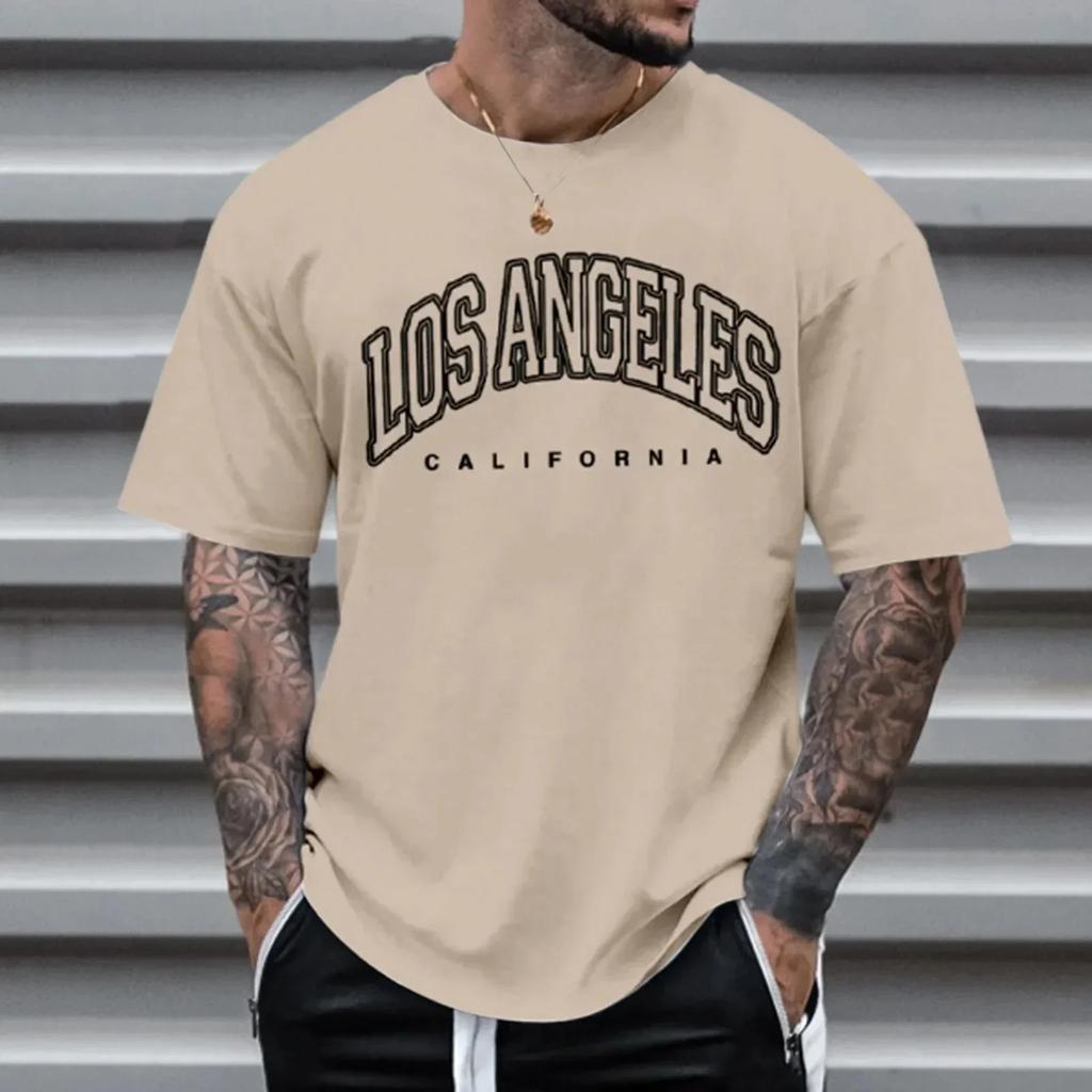 Los Angeles Letter Print T-shirts Cotton Men Clothes Vintage Sports Short Sleeve T Shirt Summer Fitness Loose Plus Size Shirts