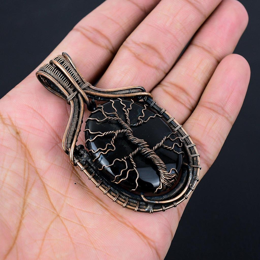 Древо жизни, черный оникс, драгоценный камень, чистая медная проволока, обернутая ювелирным кулоном ручной работы