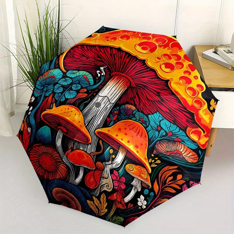 Psychedelic Mushroom Garden Wall Art Print Umbrella, Cute Umbrella with Cute Design, Portable 3-Fold Compact Umbrella for Men & Women, Valentine's Day