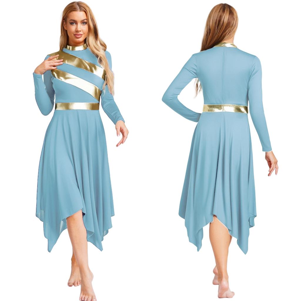 Metallic Patchwork Dress for Women Long Sleeve Worship Praise Tunic Irregular Hem Dance Costume