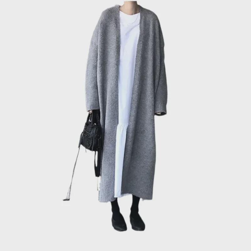 Корейский шикарный вязаный кардиган средней длины с разрезом на шнуровке - женский свитер-пальто на осень/зиму