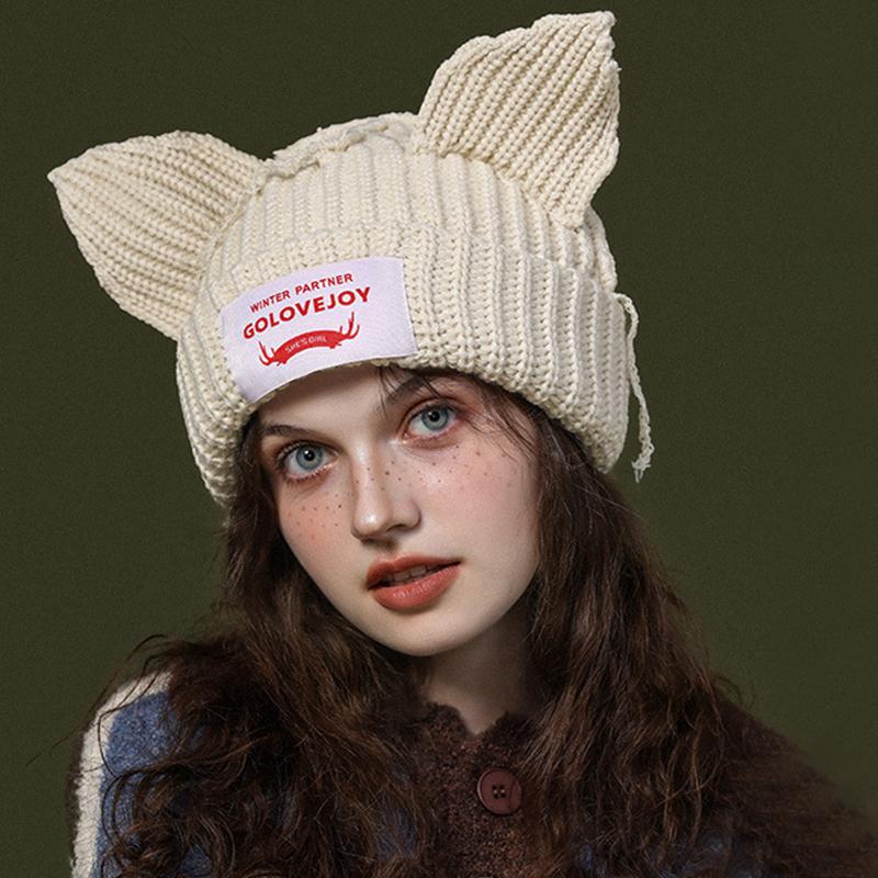 1PC Spliced Colors Fashionable Knitted Hat Keep Warm Gathering Take Photos Pig Ears Thickened Cute Festival New Style