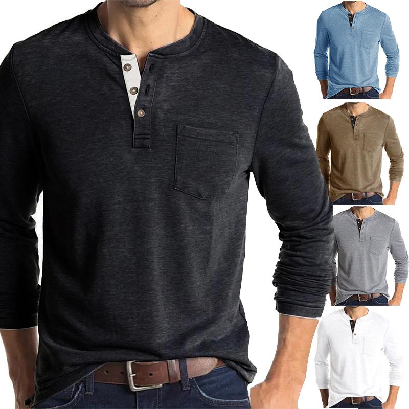 Мужская рубашка Henley с длинным рукавом, повседневный мешковатый пуловер на пуговицах, однотонные футболки, топы