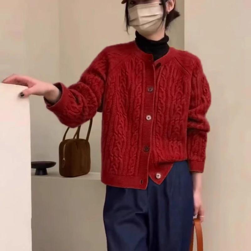 Women's Retro Wool Cardigan Sweater, Autumn/Winter, Thick, Single-Breasted, Round Neck, Cable Knit