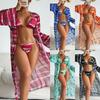 Swimsuit Women's Split Three Piece Set High Waist LongSleeve Ins Overshirt Drawstring Printed Bikini Suits