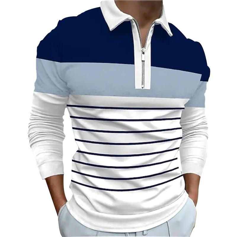 Men Fashion Spring Autumn Casual Long Sleev Zipper Polo Shirt , Men Spell Color Golf Polo Shirt Tops .