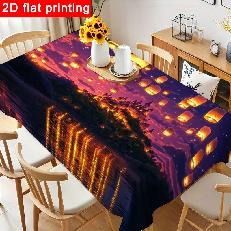 1pc Enchanting Twilight Castle Tablecloth with Lantern Design - Round/Square Suitable for Birthday Parties, Reusable & Easy-Clean Purple & Pink Cover