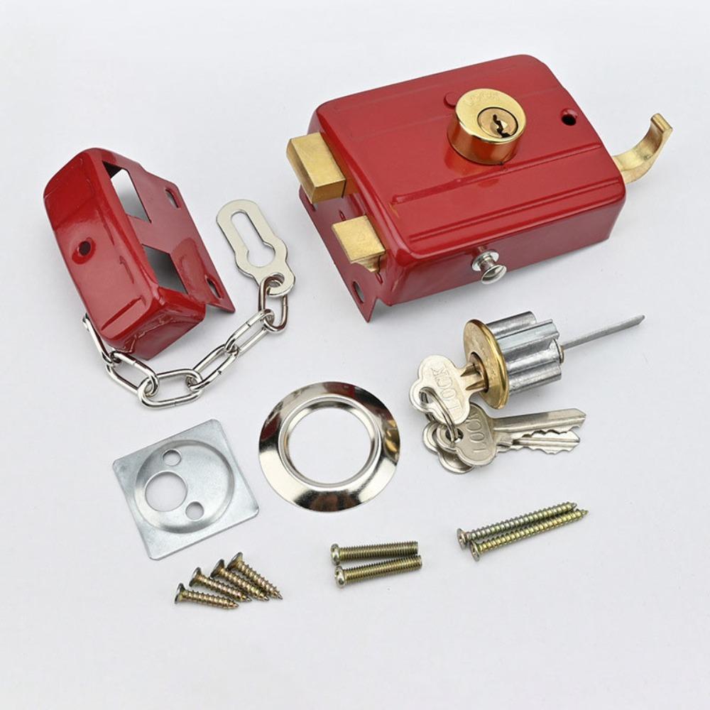 Deadbolt Iron Anti-theft Door Lock Key Included Single Cylinder Security Door Lock Durable Retro Style Retro Red Lock Indoor Use