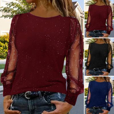 Женская футболка с круглым вырезом, сетчатая, с ажурным узором, с длинными рукавами-буфами, мягкий эластичный топ, блестящие стразы, обычная посадка, футболка для вечеринки, повседневная одежда