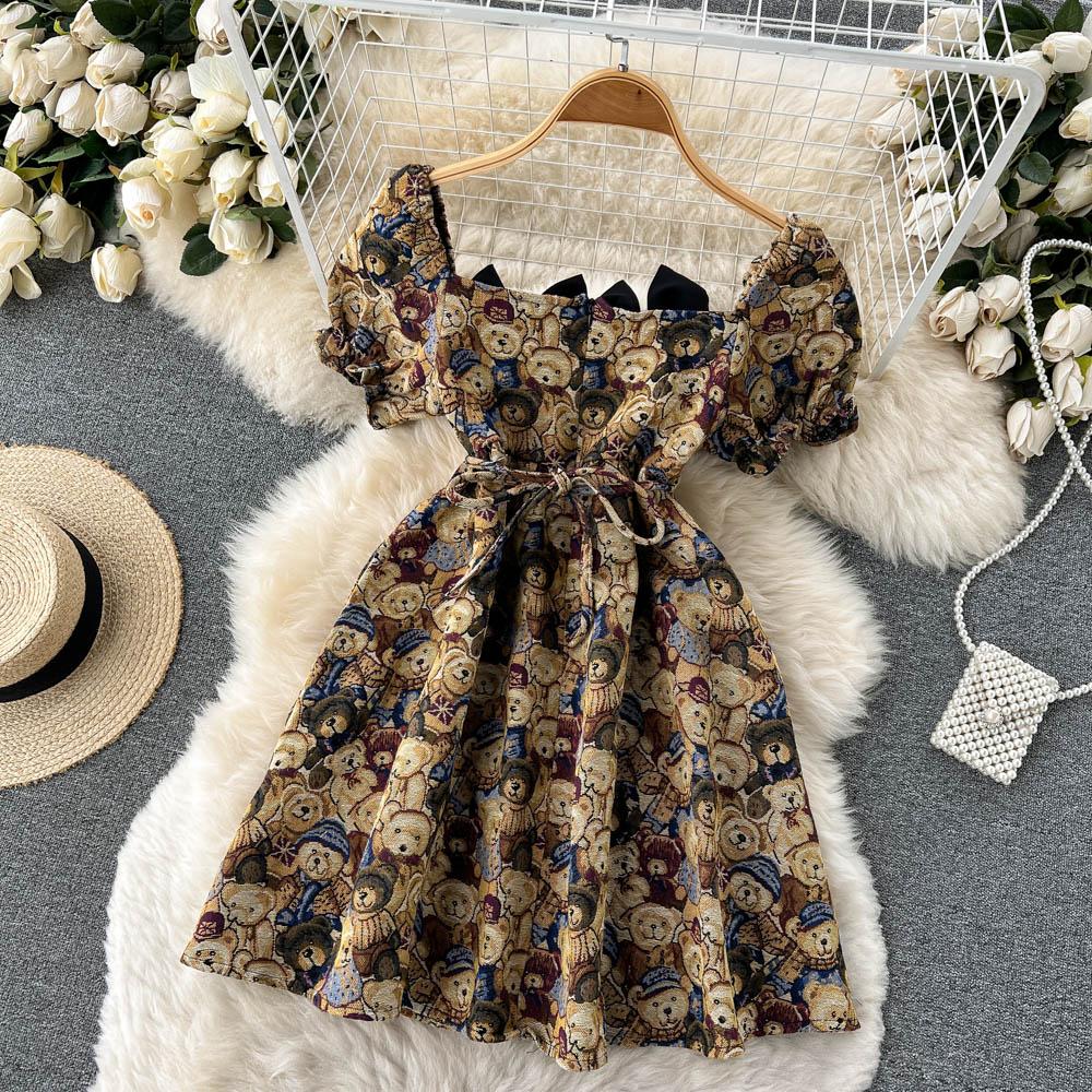 RUGOD Лето 2022, новое французское ретро модное платье с медвежонком, темпераментное платье с пышными рукавами, тонкое женское платье с талией