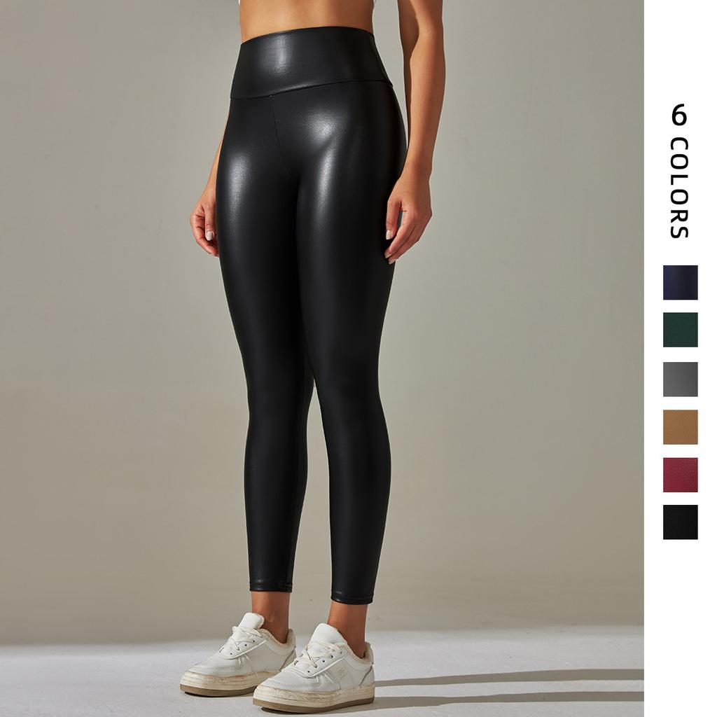 Stretch PU Leather Pants Women Color High Waist Tight Hips Wearing Yoga Leggings