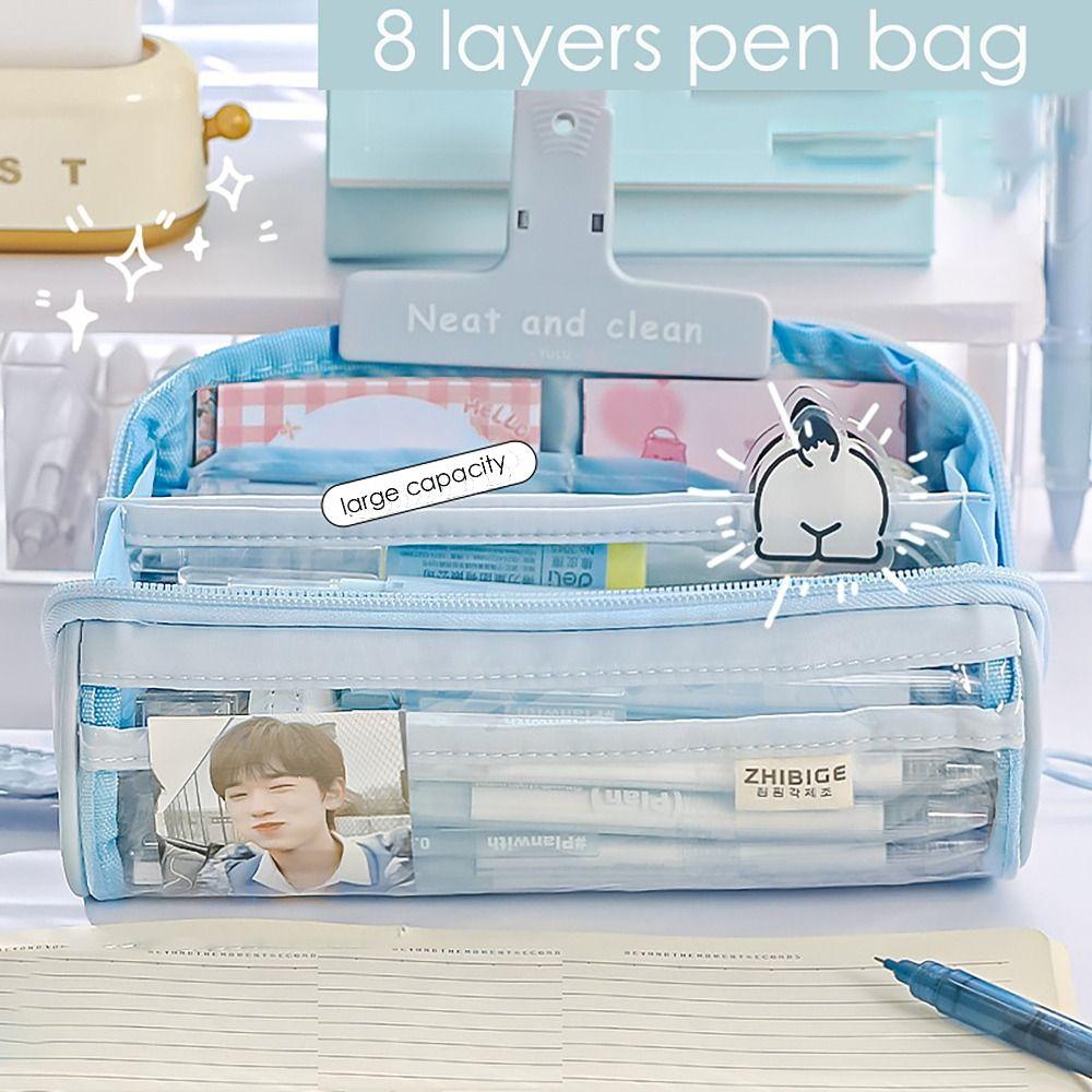 8 LAYERS Pen Bag Transparent Window Stationery Organizer Portable Pencil Case Student Gift