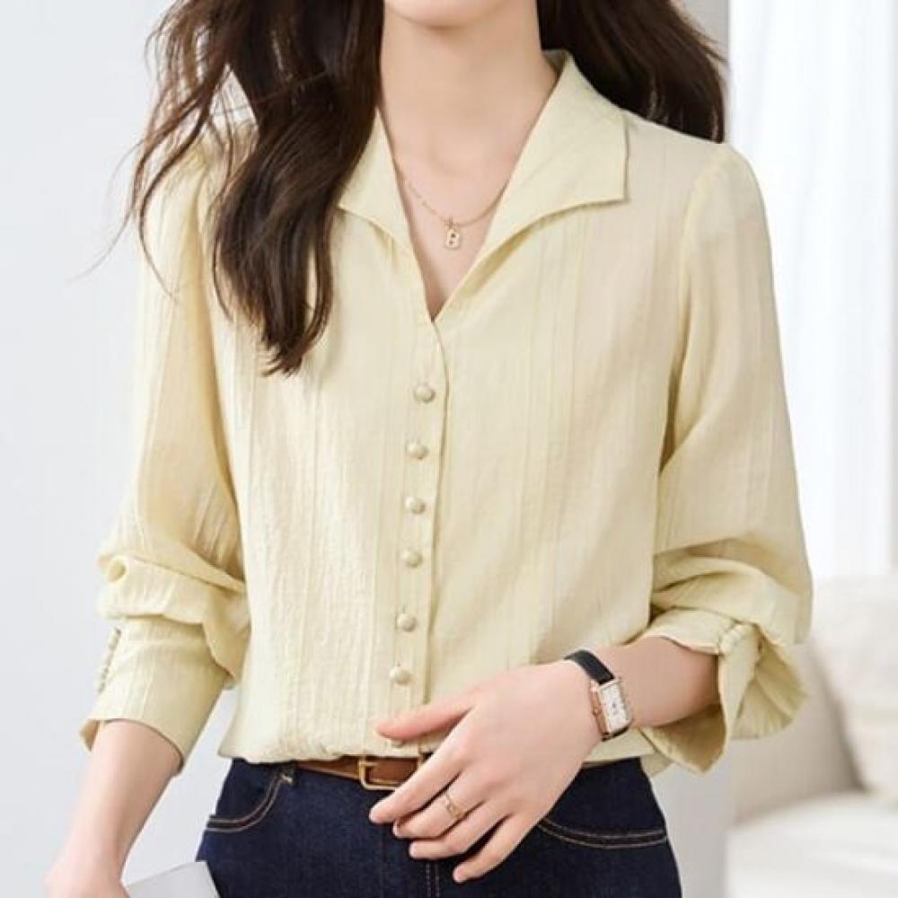 Navava Women Solid Collar Long Sleeve Blouse Nb3007
