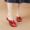 Summer Low-heel Flat-soled Casual Women's Shoes Ethnic Style Genuine Leather Printed Women's Slippers Middle-aged Breathable Hole Shoes