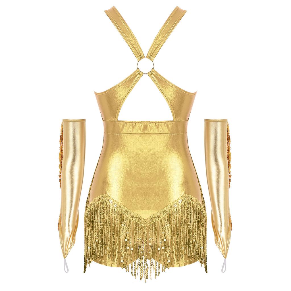 Женский блестящий костюм для танца ча-ча с перекрещенным передом, леотард с пайетками и бахромой, с металлическими перчатками, одежда для выступлений