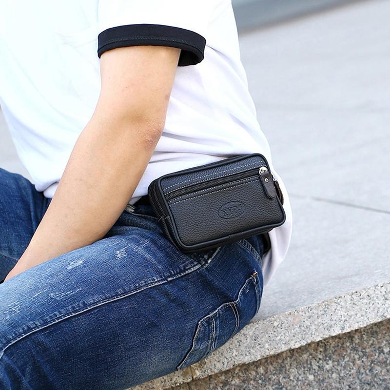 Men's Pocket Money Waist Bag Hip Bag Mobile Phone Case Small Bag Sports Bag Mobile Phone Bag Large Space Zipper Leather Belt Bag