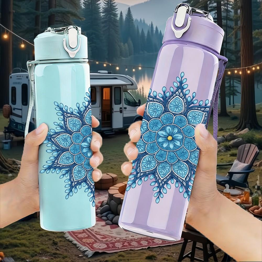 1PC Blue Snowflake Mandala Design 750ml Color Plastic Sports Water Bottle Leakproof Flip Straw Lid Suitable for Sports Office Home Use