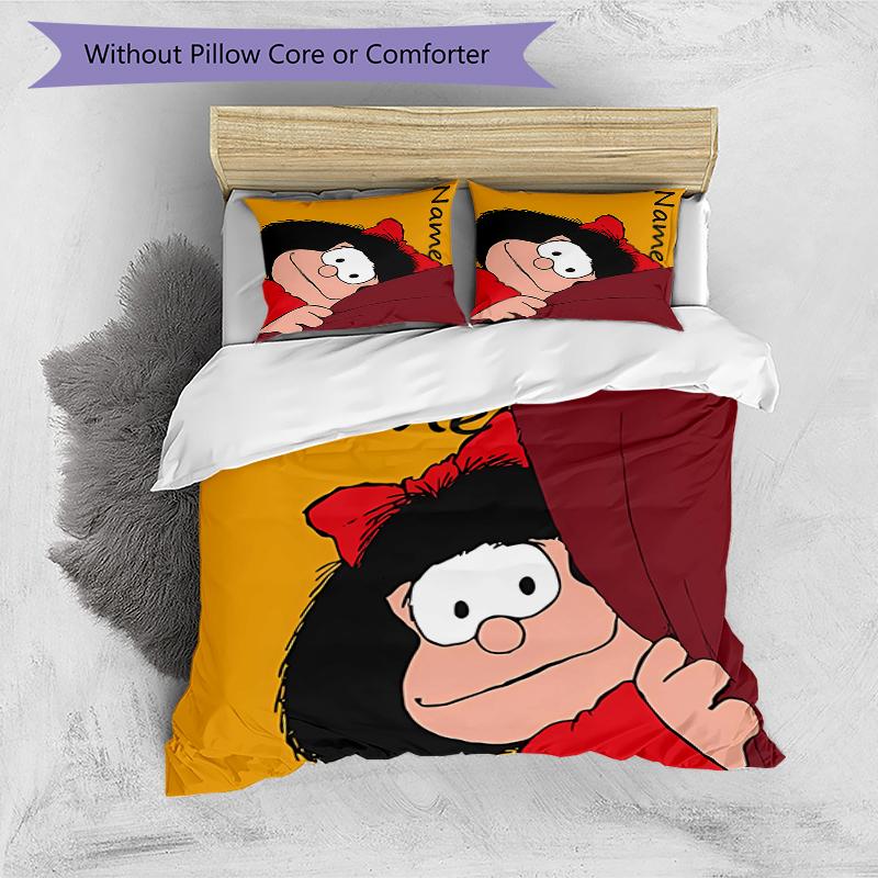 3pcs Custom Name Cartoon Mafalda Bedding Set Duvet Cover Closure Includes 1 Duvet Cover & 2 Pillowcases for All Seasons Bedroom Decor