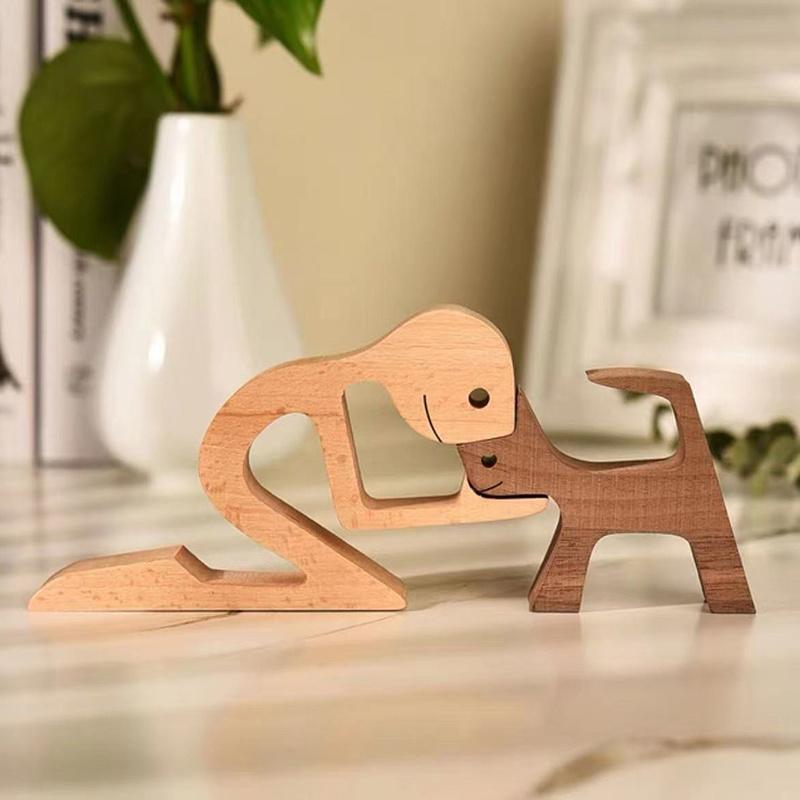1PC Handmade Wooden Dog Statues, Playful Family and Pet Sculptures, Suitable for Home or Office Decoration