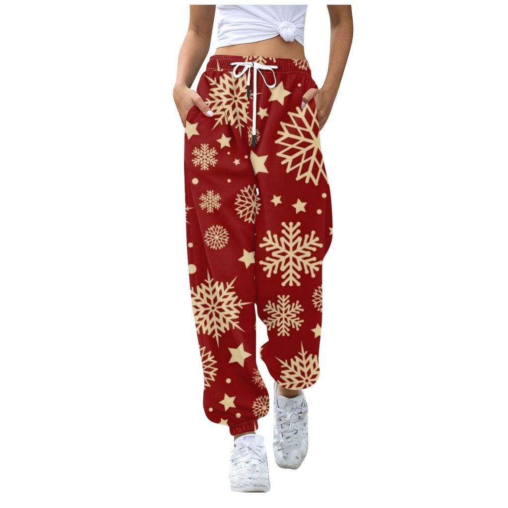 Женские повседневные брюки для отдыха с рождественским принтом, спортивные брюки, брюки с эластичной резинкой на талии, брюки с завязками на шнурке