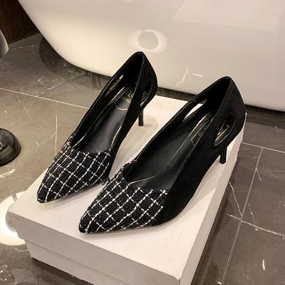 Модная женская обувь на тонком каблуке, с острым носком, с мелким вырезом, замшевая, с вставками, противоскользящая, износостойкая, на высоком каблуке