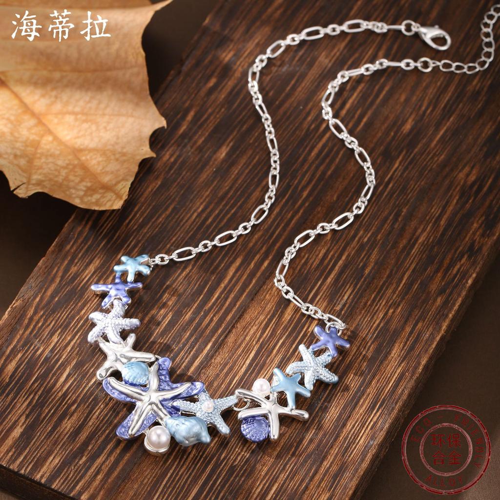 Новое эмалевое жемчужное ожерелье с морской звездой, женское летнее пляжное универсальное ожерелье премиум-класса с морской звездой