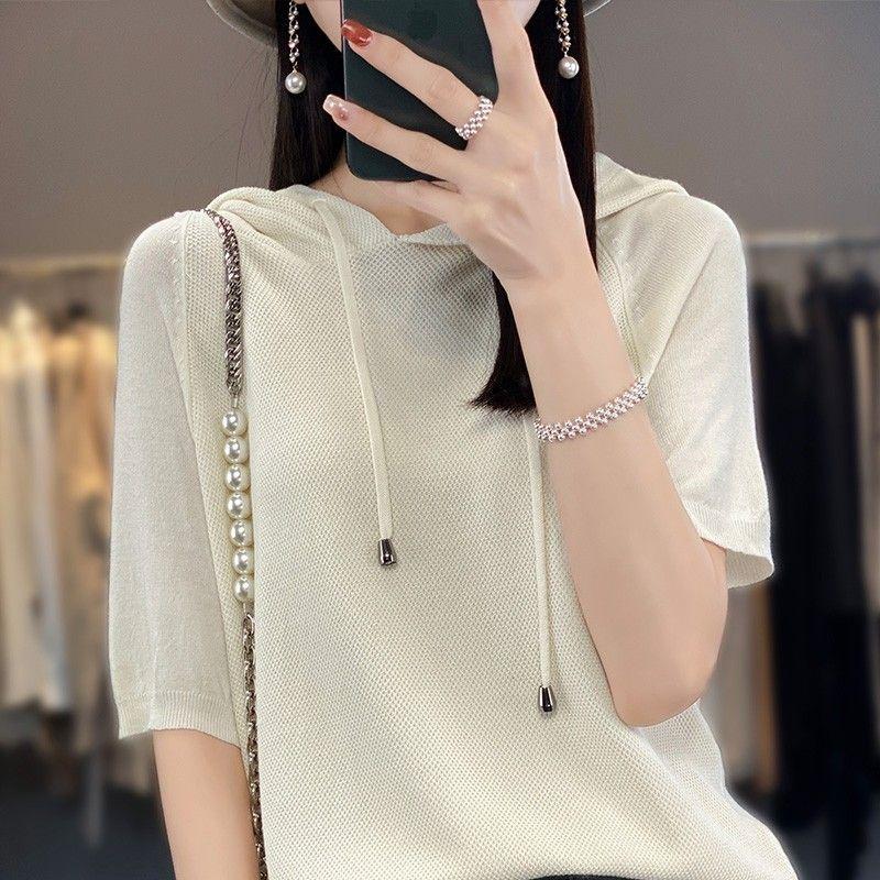 Ice Silk Hooded Short Sleeve Knitted T-Shirt Women's Hoodie Solid Color Wearing Hat Five Quarter Sleeve Thin Hoodie